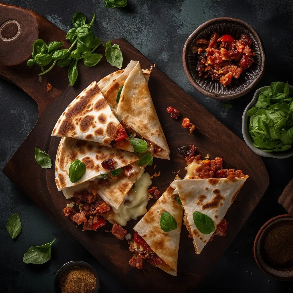 Two crispy, golden quesadillas filled with melted smoked mozzarella, crumbled chorizo, and basil leaves.