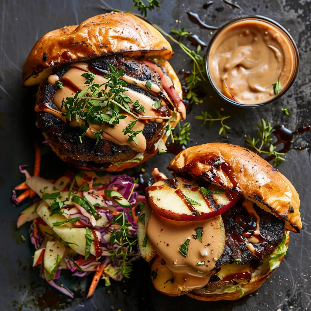 Radiating an inviting golden-brown hue, our BBQ Turnip burgers sit impressively upon crusty buns. A heap of crunchy apple-turnip slaw dressed in creamy sauce nests on the side. A generous drizzled BBQ sauce over the burger shines in the ambient light. Green herbs scattered on top bring a pop of color.