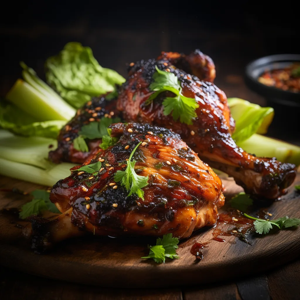 Imagine four beautifully charred chicken quarters served atop a rustic wooden board. The stunning golden-brown BBQ chicken presents an enticingly crunchy exterior. Bits of BBQ rub cling to the nooks of the chicken quarters owing their vibrant color to crushed celery seeds. Pops of vibrant green from the celery leaves remind you of the star ingredient. In a small bowl on one side, a glossy BBQ sauce with small specks of blended celery shines in rich hues of red. A sprinkling of roughly chopped parsley makes the colors sing.