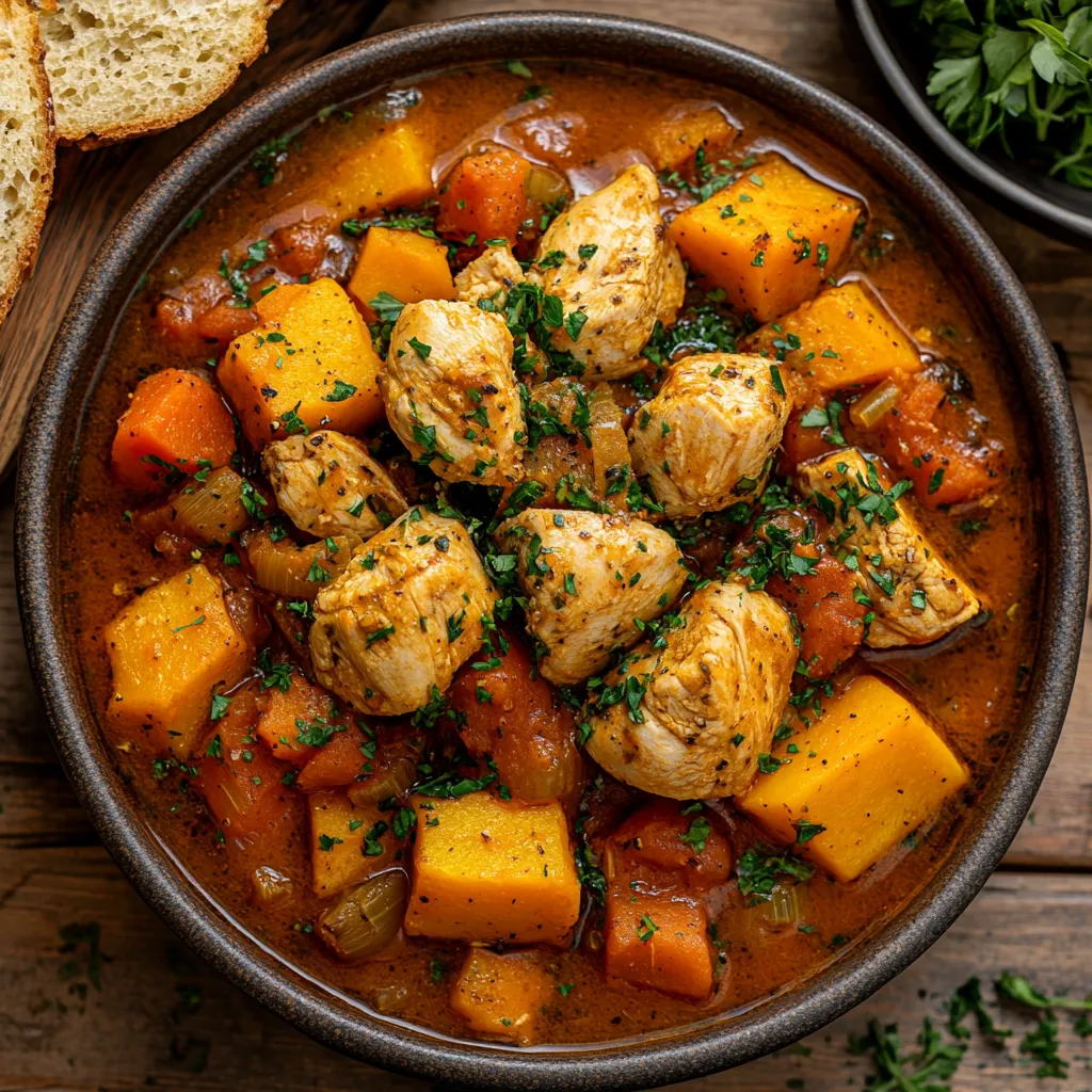 The golden stew pops with colors - vibrant chunks of orange sweet potato, burnt-orange butternut squash, and deep red bell pepper floating in the herby, rich broth with tender pieces of chicken. The stew is sprinkled with parsed parsley, presenting a lovely contrast of lush green against the golden backdrop. The side of maize bread looks crisp and scrumptiously buttery.