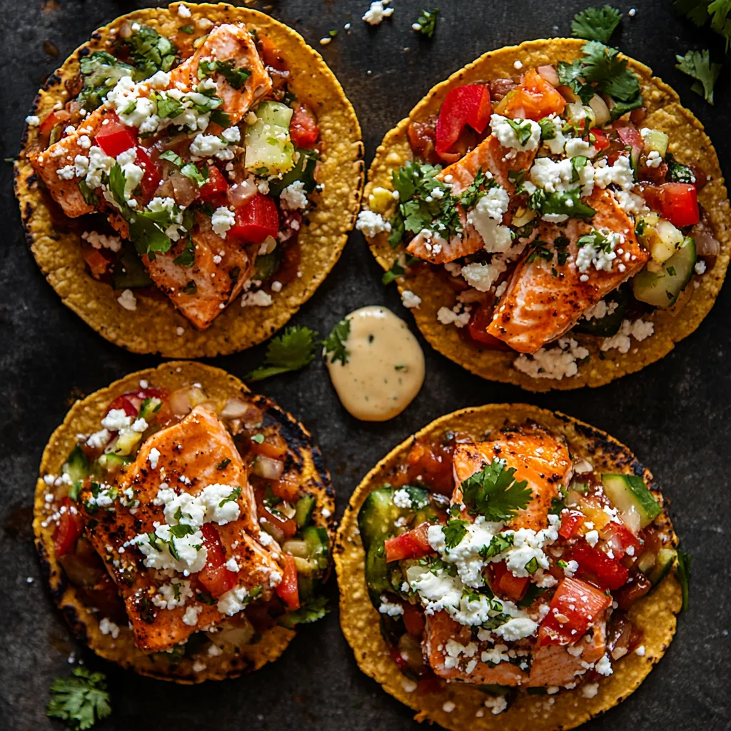 From above, you'll see the bronze glazed salmon chunks scattered artfully on top of the golden crunchy tostada base. The vibrant red and green veggies add pops of color while crumbled queso fresco and a sprinkle of cilantro leaves spell out 'fresh and homemade'. A drizzle of adobo crema draws a creamy line across the dish, making it ready for the photo shoot.