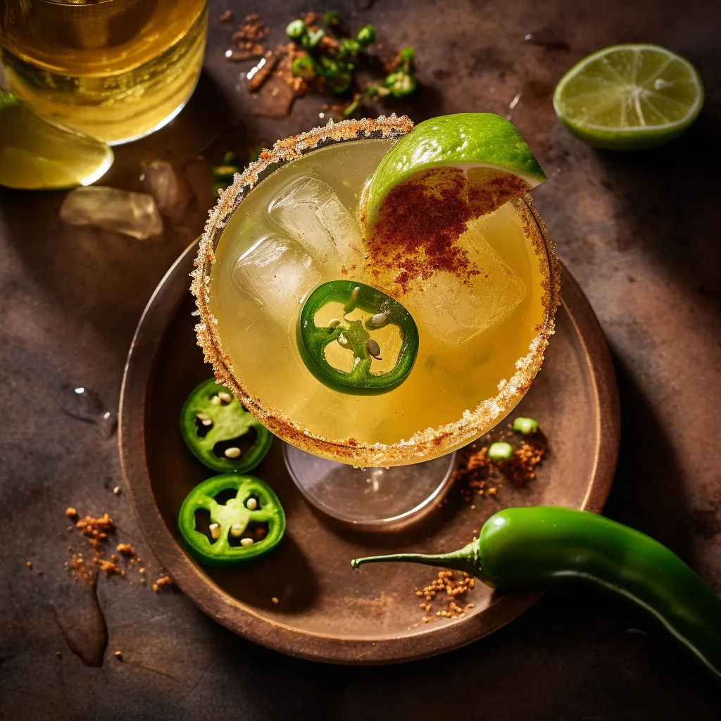 A classic margarita served in a salt-rimmed glass with grilled citrus wedge and jalapeno slice.