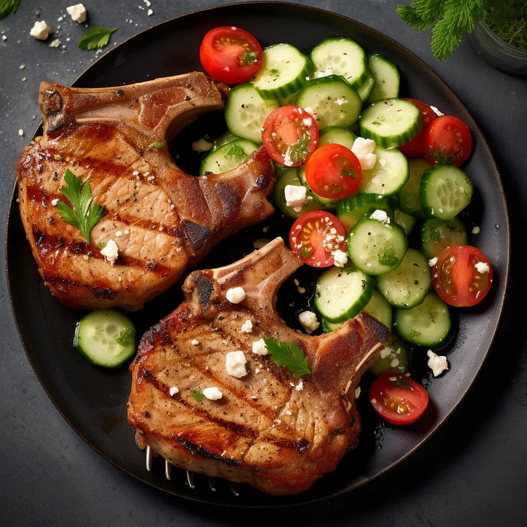 Two juicy pork chops seasoned with a smoky rub, topped with chopped parsley and flaky salt. Served alongside a tangy cucumber and tomato salad with a light dressing.