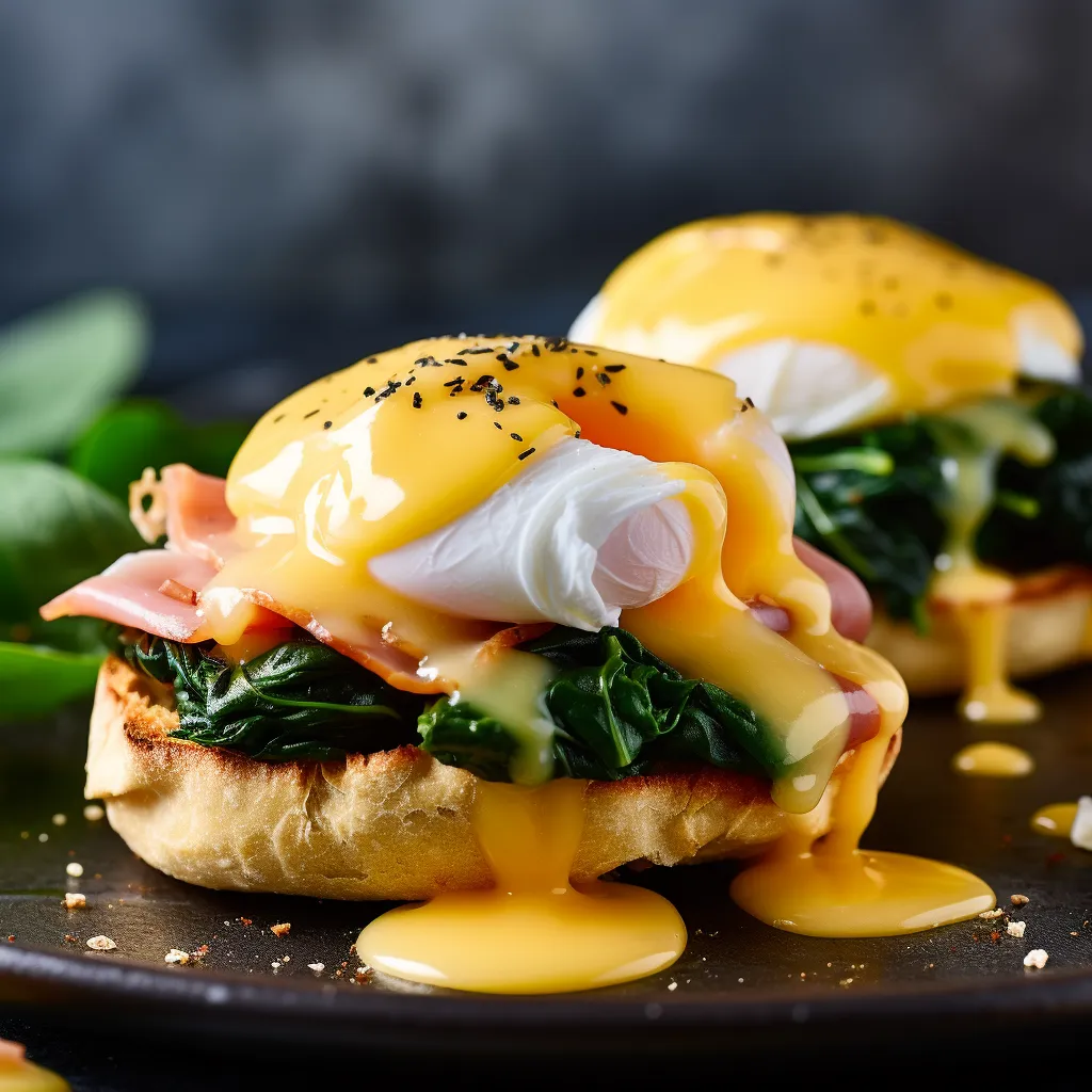 A bed of bright, wilted Swiss chard topped with a perfectly round, glistening English muffin half. Atop the muffin rest two slices of precisely-folded smoky ham, cradling a perfectly poached egg with golden yolk just peeking out. The dish is smothered in creamy hollandaise sauce with a sprinkling of smoky paprika on top for an eye-catching pop of color.