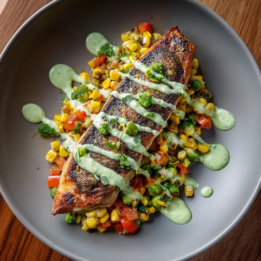 The final plated dish should be a vibrant clash of colors: the charred green, yellow, and red of the succotash under the coppery-bronze hue of perfectly seared Mackerel. Drizzled across, a creamy lime aioli forms a tantalizing squeeze of color and promises a tangy hit.