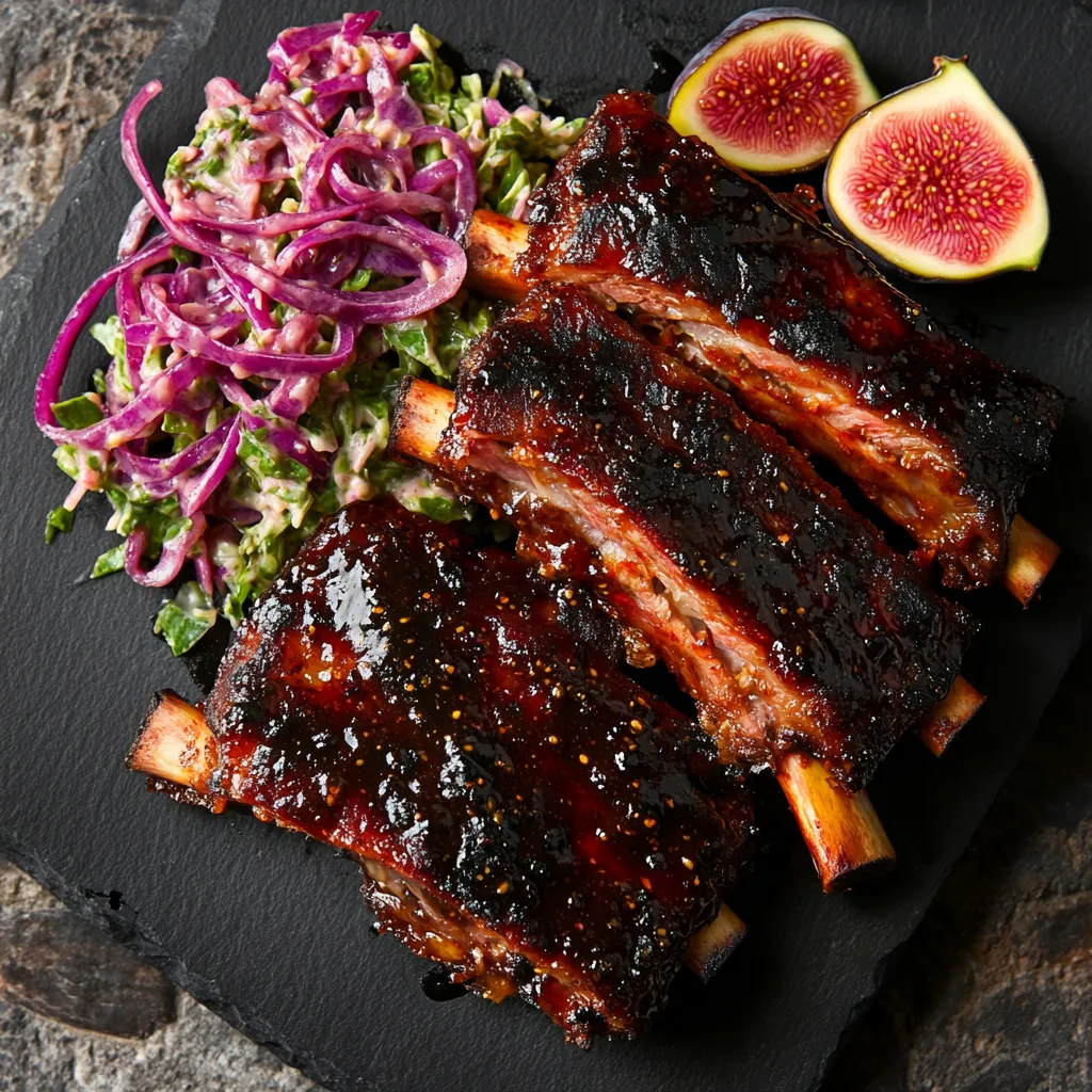 On a black stone plate, two glossy, deep-red ribs rest on a bed of vibrant green cilantro lime coleslaw, glistening with the sticky fig-infused BBQ sauce. A side of grilled figs cut in halves, with dark grill marks on them, sit on the edge of the plate, the vibrant inner flesh contrasts with the charred outer layer. A sprinkling of vibrant pink pickled red onions is scattered across the entire dish, providing a pop of color.