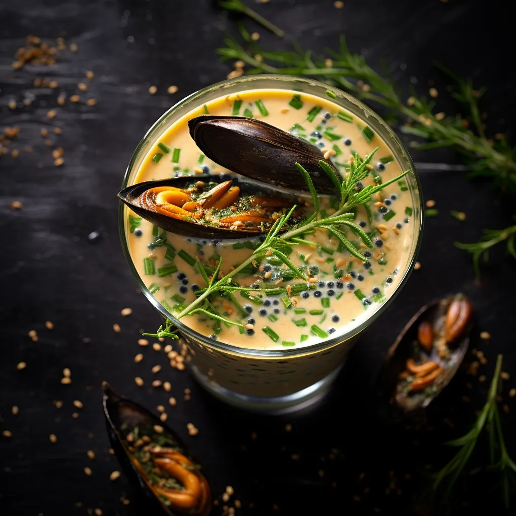 You see a smooth glass of olive-green goodness, sprinkled on top with a confetti of finely chopped chives, and garnished with a lightly grilled mussel on the rim. Tiny droplets of olive oil adorn the surface with a glossy sheen.