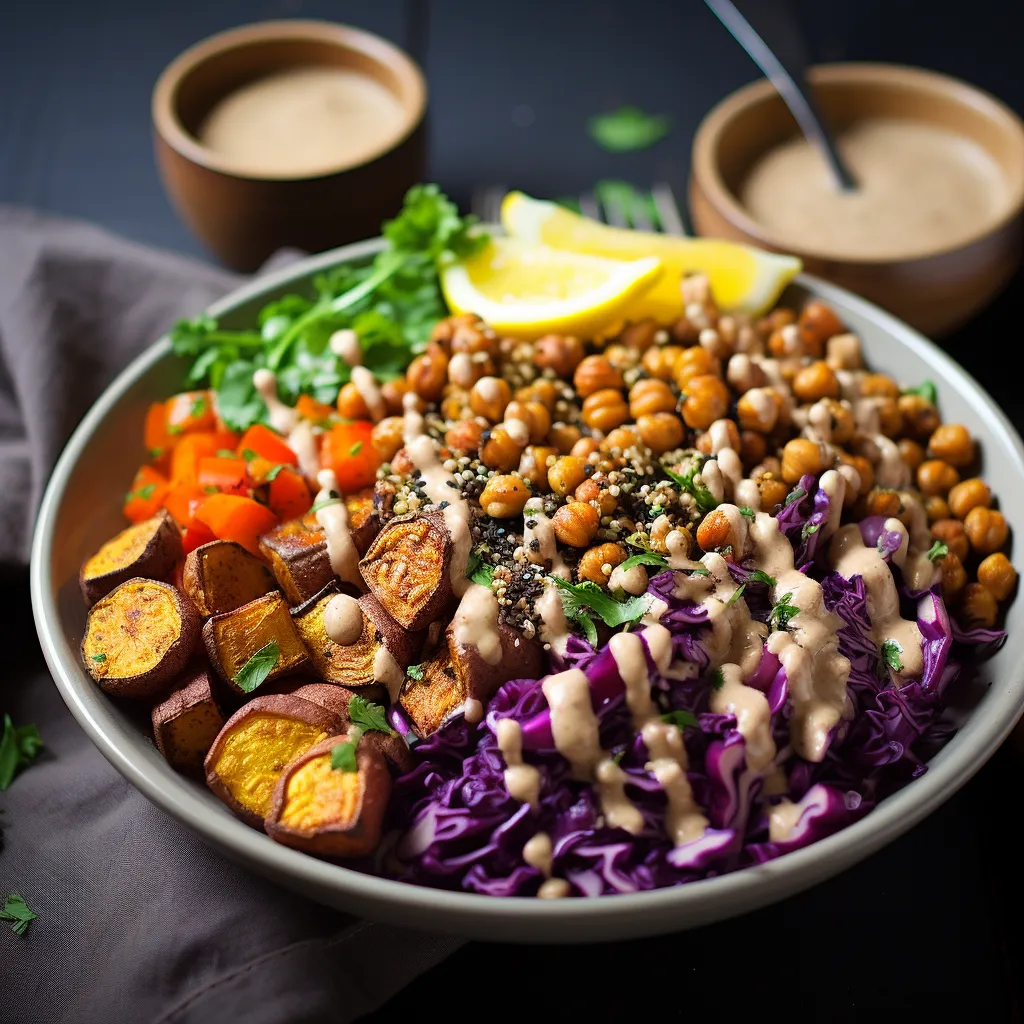 Imagine a beautiful grain bowl that starts with a base of fluffy quinoa. Golden-crisp, oven-roasted sweet potatoes rest to one side, while lemon-kissed, smoky chickpeas claim the opposite territory. Bright purple cabbage slaw adds a pop of color while sesame seeds and chopped parsley form polka dot garnish. The crowning glory is a generous drizzle of rich, smoky tahini sauce, blanketing the dish with a warmly inviting aroma.