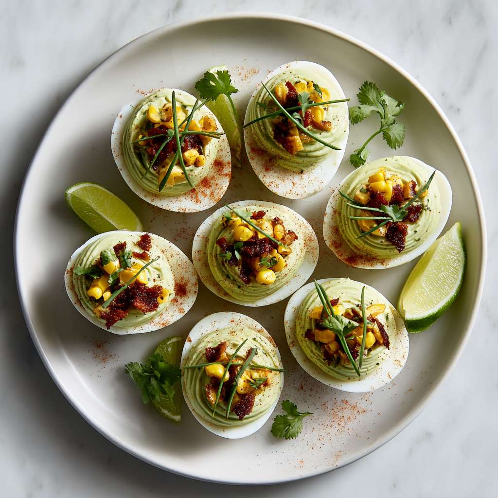 Smoky Tomatillo Deviled Eggs with Charred Corn & Bacon