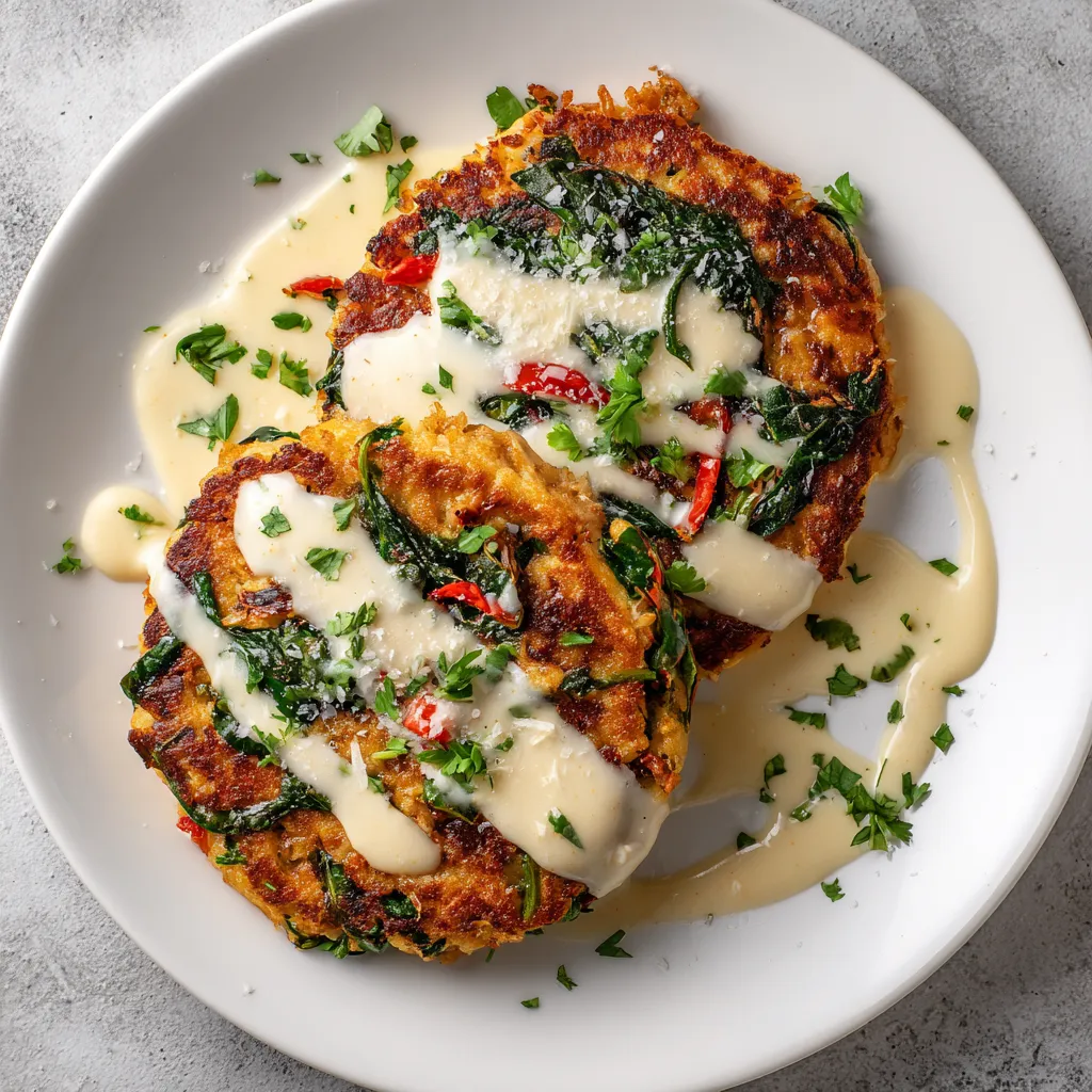 Two warm golden-brown griddle cakes taking center stage on a white plate. Over the top, trickled a rich, creamy, off-white parmesan sauce. Vibrant green and red Swiss Chard peeping from within the cakes, adding a lovely contrast. Sparse sprinkling of smoked turkey pieces and a final dusting of Parmesan gives it an enticing finish.