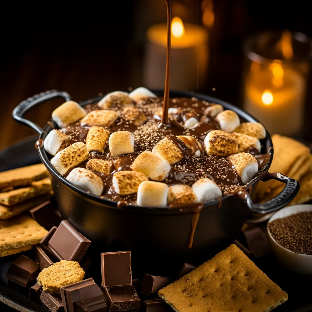 A pot full of luscious, glossy chocolate fondue sits in the center of the table surrounded by beautifully arranged, golden marshmallows on sticks and crumbled graham crackers. The chocolate fondue is glistening, studded with crumbles of toasted graham crackers and small pieces of toasted marshmallows. The entire setup looks inviting, decadent and nostalgic.