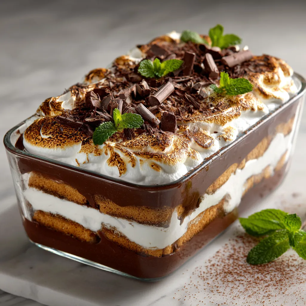 An elegant rectangular glass dish filled with luscious layers of coffee-dipped graham crackers, rich chocolate ganache, and marshmallow cream. The top layer showcases perfectly torched marshmallow cream, adding a toasted golden-brown finish. Shavings of dark chocolate and lightly dusted cocoa powder garnish the top, while a few strategically placed fresh mint leaves give a pop of color.