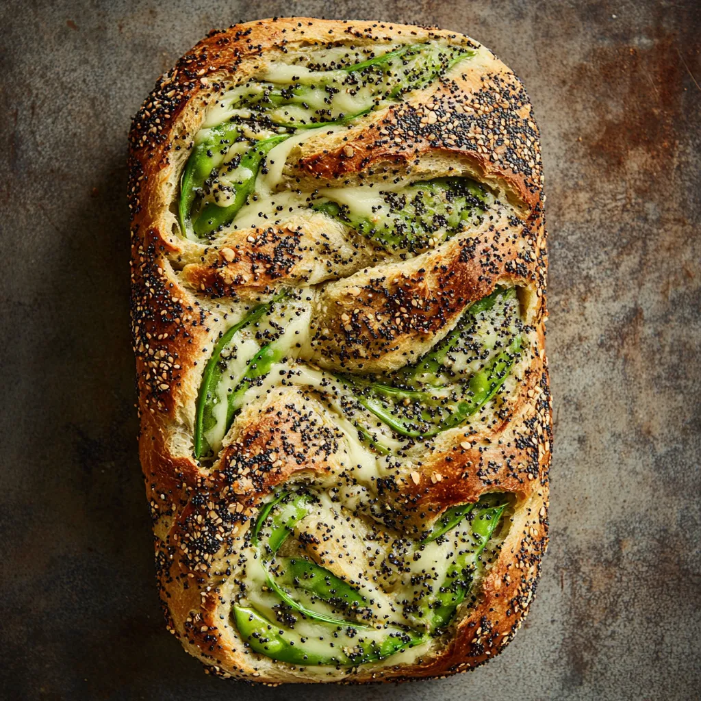 A rustic, artisan-looking loaf of bread with a golden crust sprinkled with poppy seeds. The top of the bread is artistically scored, revealing beautiful green swirls of snow peas intertwined with melting pockets of cheesy goodness.