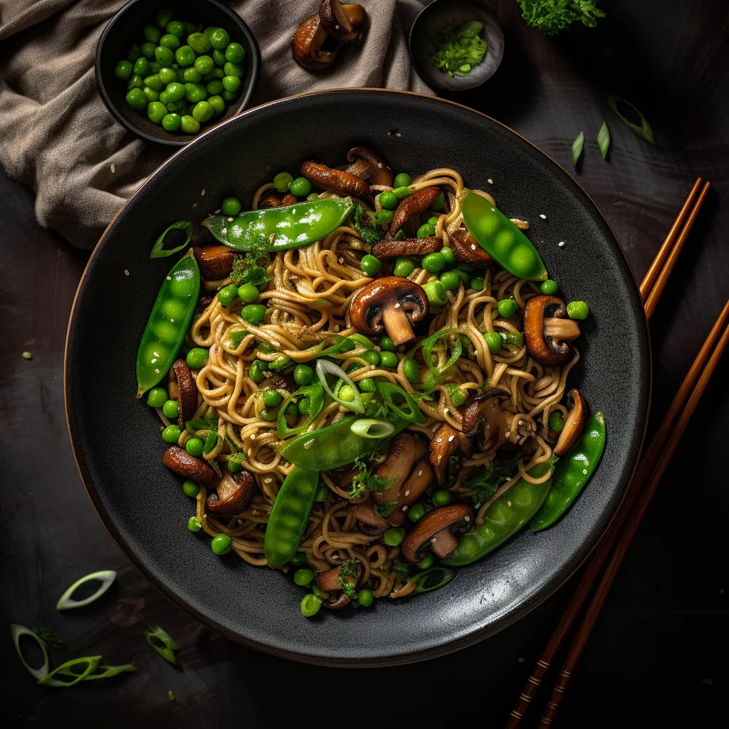 A bed of soba noodles topped with snap peas, shiitake mushrooms, and scallions in savory sauce.