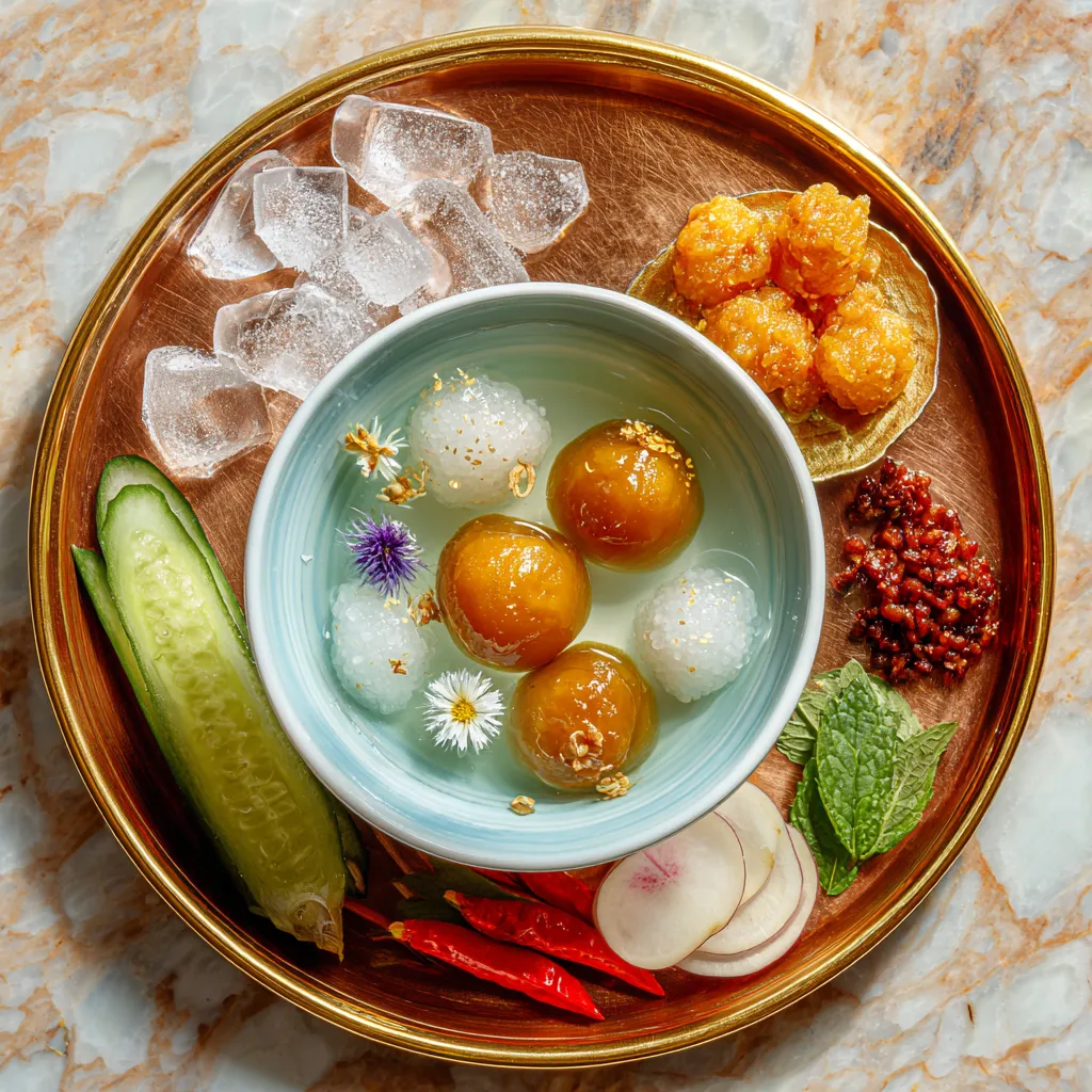 From above, a pale blue-white bowl of crystal-clear jasmine ice water cradles snowy rice and tiny flower petals, surrounded by a lacquered tray of jewel-like sides: golden fried stuffed shallots, deep amber shrimp paste balls, glossy caramel-brown sweet radish, carved cucumber, red chilies, herbs, and delicate ice cubes sparkling in the light.