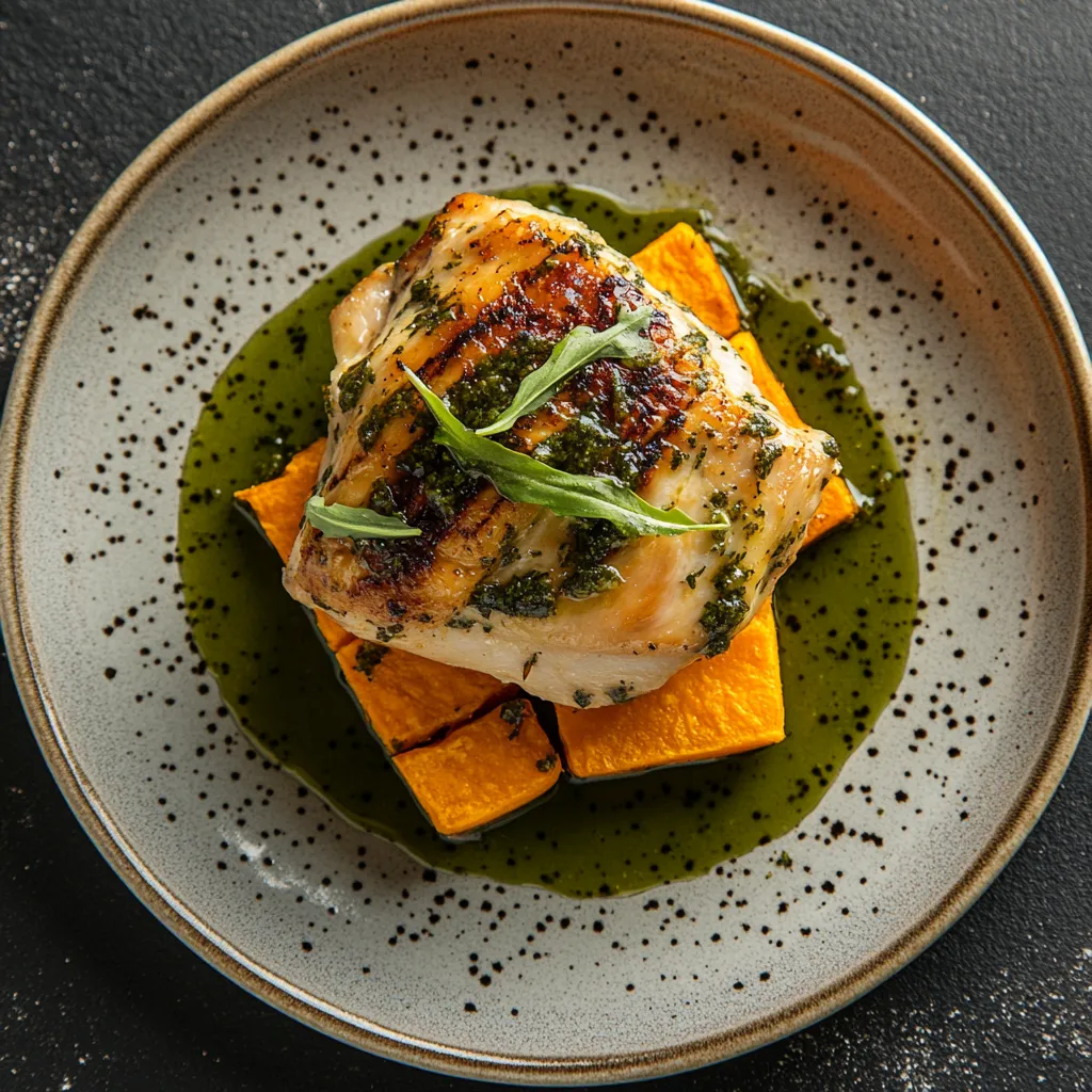 A beautifully plated dish of golden-brown chicken, glazed with a vibrant, green sorrel sauce. It's accompanied by a stack of sweetly glistening orange gratin rectangles, veiled with caramelized cheese. A slight drizzle of the chestnut-brown, sorrel sauce runs across the plate, providing a tantalizingly visual display.