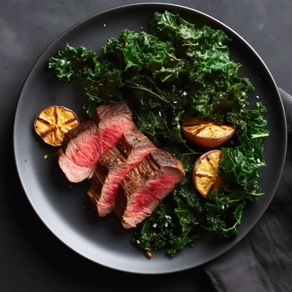 A perfectly cooked sous vide steak is served on a bed of kale chips, which are crispy and browned around the edges.