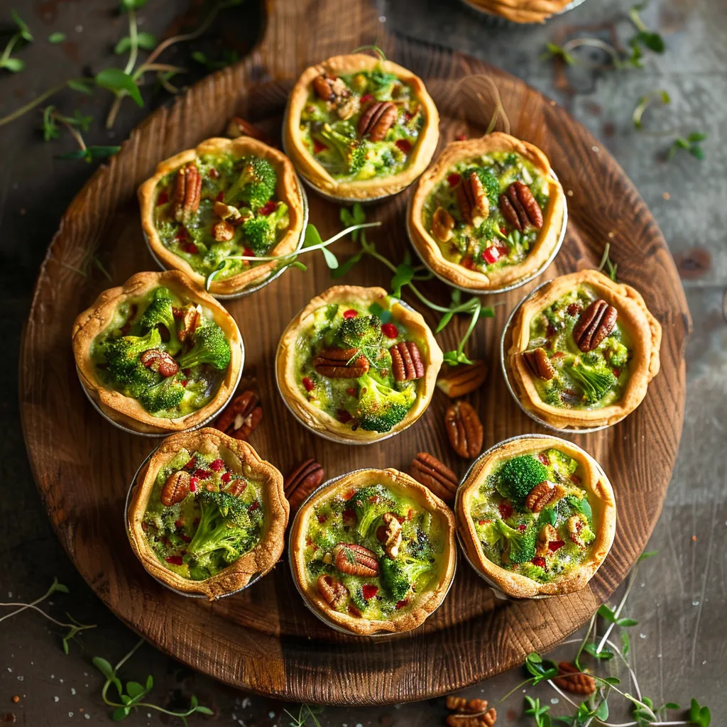 Golden-brown tart shells filled with a vibrant green and red mixture of chopped broccoli and pimento cheese. Each tartlet is topped with a single pecan half, adding an earthy touch. The dish is served on a rustic wooden platter for a contrast, garnished with a scattering of microgreens.
