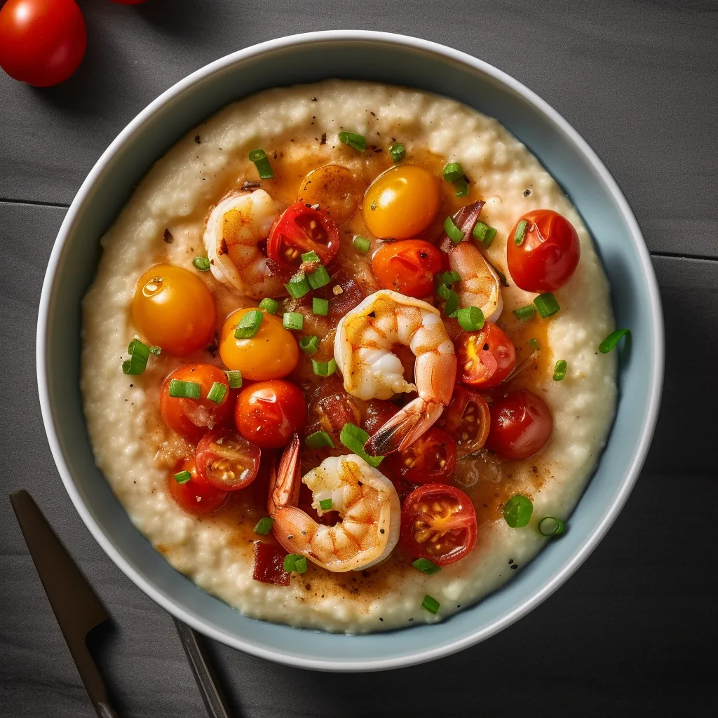 A bowl of creamy grits topped with sautéed shrimp, bright bell peppers and cherry tomatoes in a tangy butter sauce