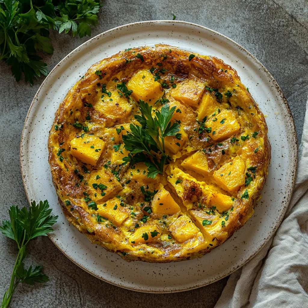 A golden-brown frittata speckled with shades of green from the parsley and chunks of orange squash peeping out. Strings of golden melted cheddar add another layer of color. It's served on a rustic white plate, garnished with sprigs of fresh parsley.