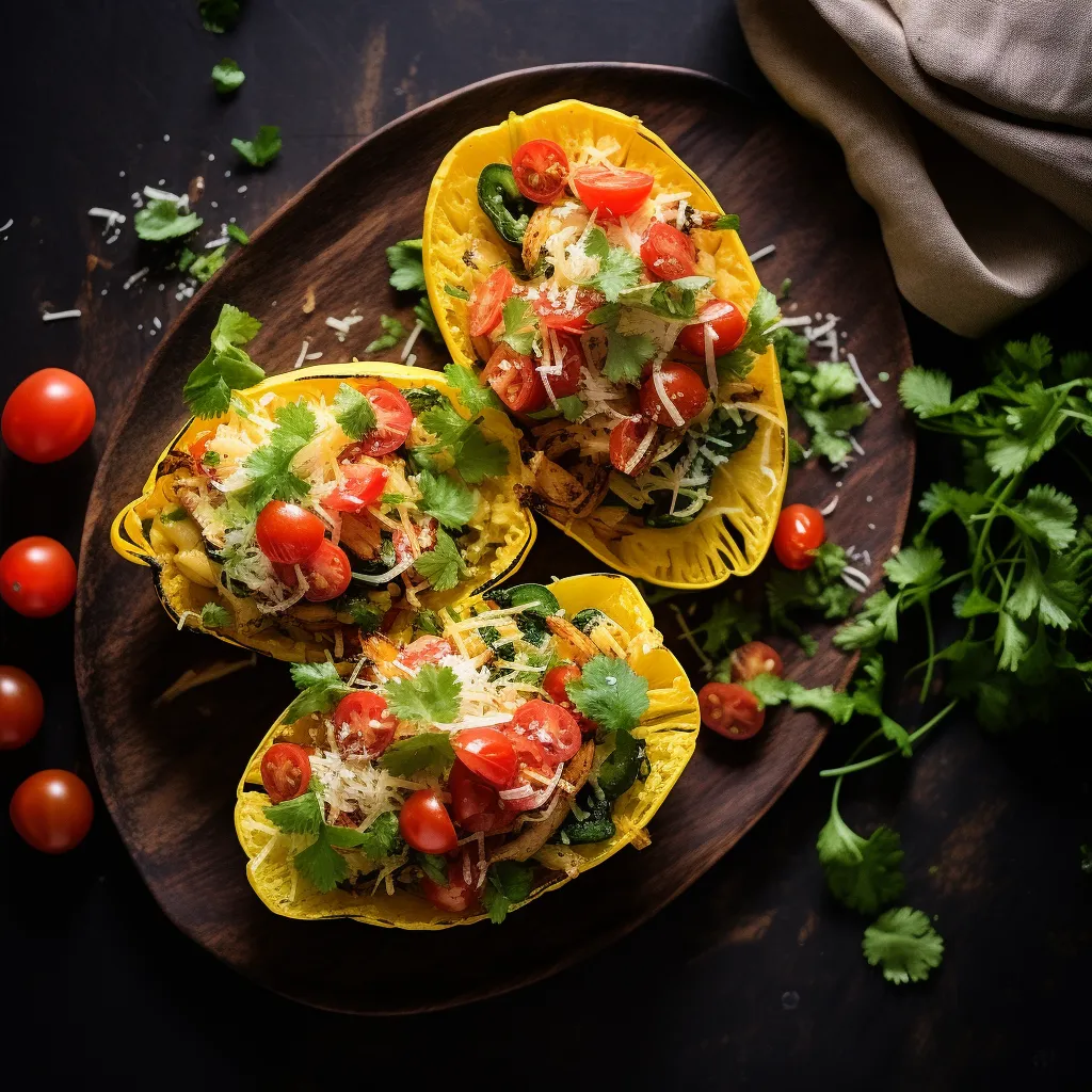 From above, you'll spot vibrant greens of cilantro and avocado pieces against the sunny yellow strands of spaghetti squash, all tucked inside the crispy, baked cheese shell. The pinkish hues of cherry tomatoes add a burst of color for a truly dynamic, palette-teasing presentation.