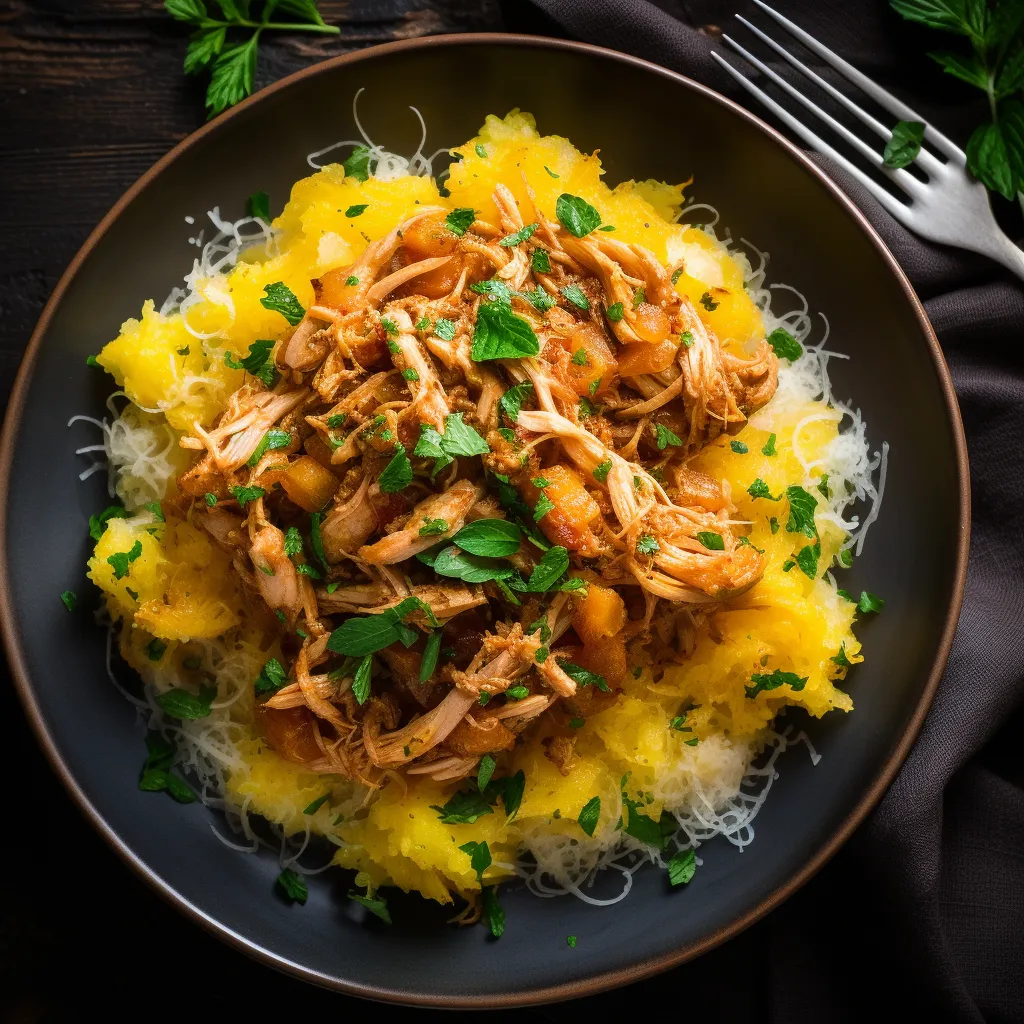 Golden strands of spaghetti squash gently tangle around your fork, contrasting with the robust and hearty chicken ragu. Flecks of fresh herbs bring a dash of color and promise of flavor, while a final dusting of cauliflower 'Parmesan' completes the picturesque composition.