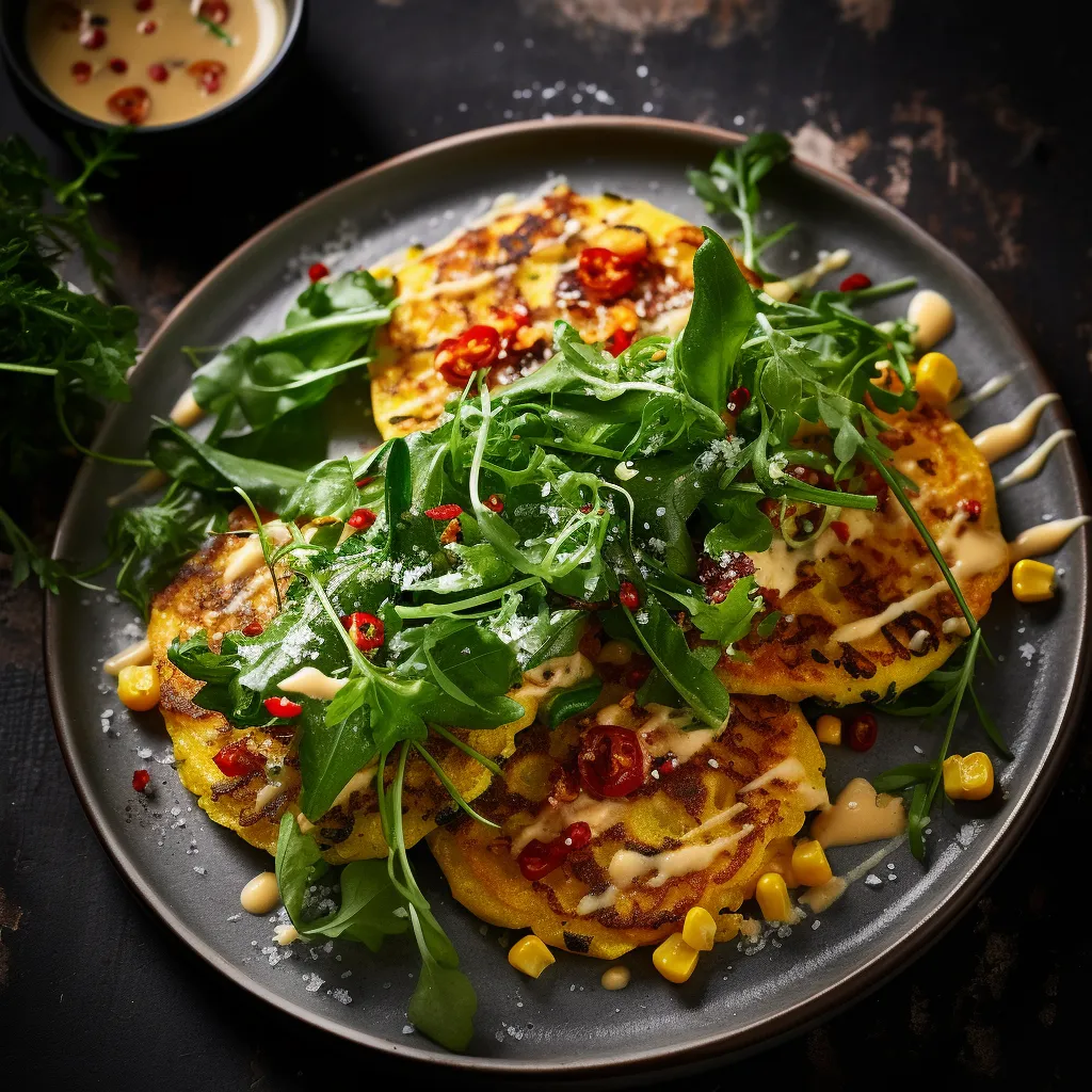 Golden corn cakes sit alluringly on a rustic white plate, topped with dollops of reddish smoky remoulade and a sprinkle of finely-grated Manchego cheese. Fresh greens and a sprinkling of exotic spices adorn the plate to enhance the visual appeal.