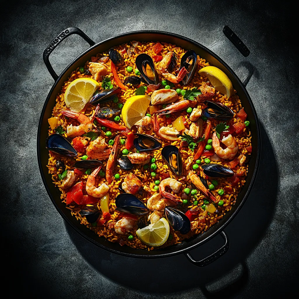 Looking down, you'll see an enticing pan of paella with a field of golden rice, speckled with colorful red bell peppers, green peas, black mussels, and wedges of lemon. Shiny pink shrimp and chicken pieces peek through, glistening under the soft glow of saffron. It's a beautiful riot of colors, textures and aromas.