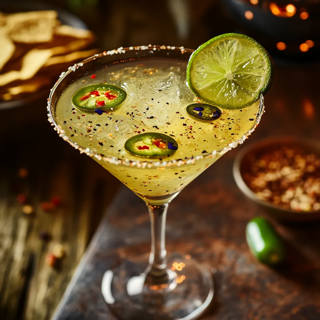 The finished cocktail is vibrant in a martini glass. The base is a clear golden tequila mixture, speckled with vibrant green Mache and a ring of floating red Jalapeño slices. A lime wheel garnish on the rim of the glass and blue corn chips to accompany, giving the sight an enticing pop of color.