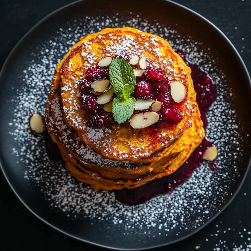 Golden-brown pancakes stacked high, studded with flecks of orange from the grated carrots. The pancakes are dressed with a drizzle of bright, jewel-toned cranberry syrup and a dusting of powdered sugar. A flurry of finely chopped almonds adorns the top for a wonderful textural contrast, and a few fresh mint leaves bring a pop of color.