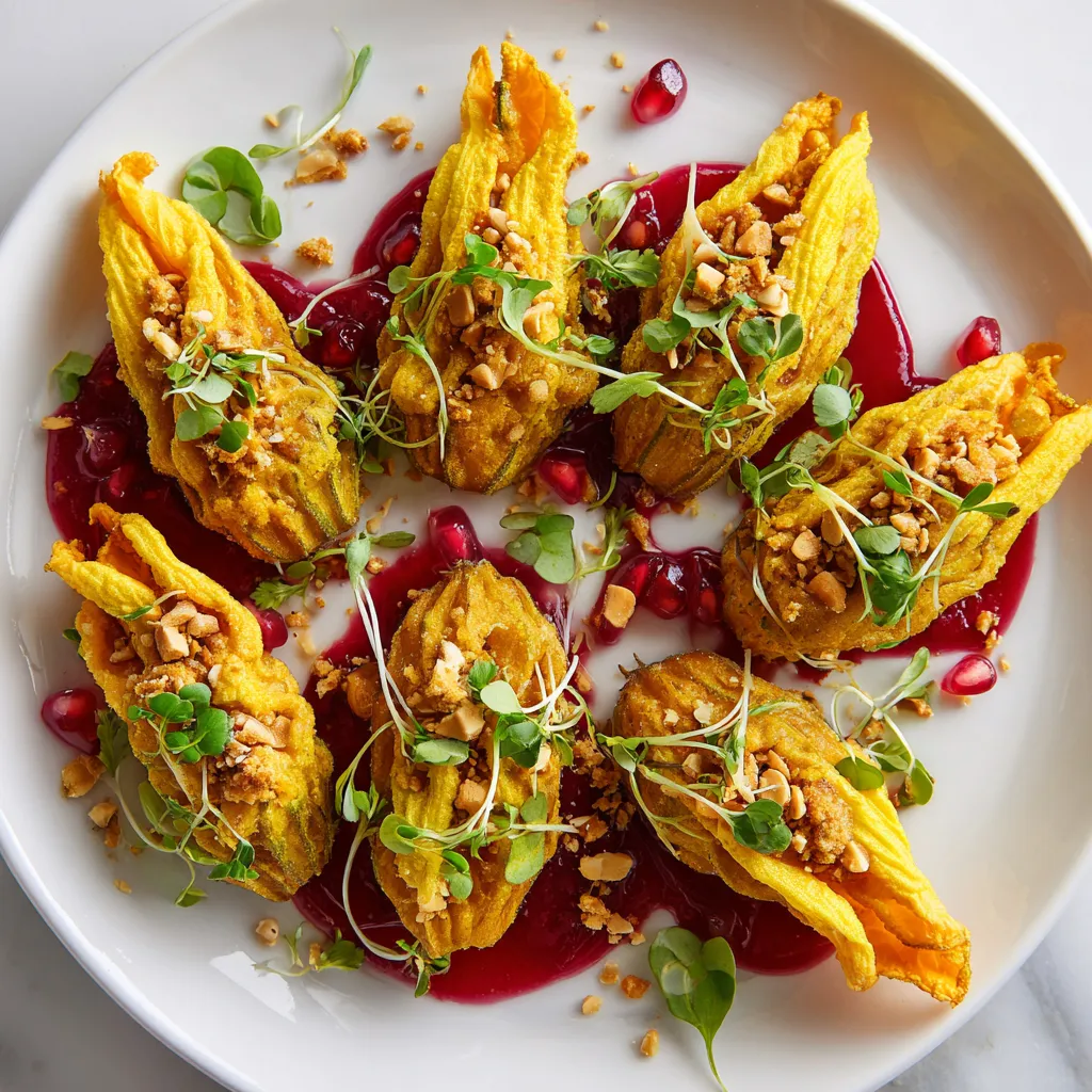 A harmonious platter of vibrant golden-yellow squash blossoms filled with spiced amaranth-chickpea mixture. Each blossom sits upon a pool of ruby-red pomegranate chutney, topped with fresh microgreens and a sprinkle of crushed roasted peanuts.