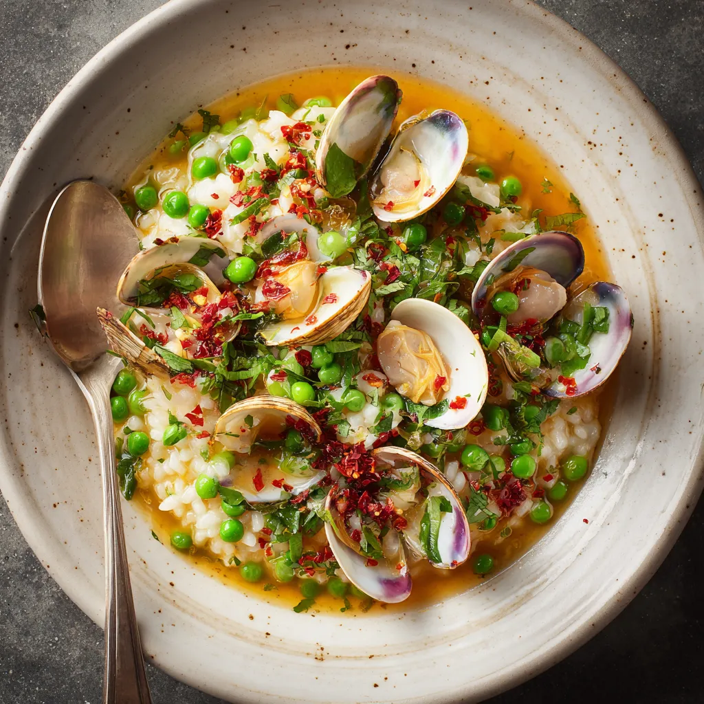 The dish bursts with colors - the creamy white risotto is dotted with pink clam meat, sprinkles of bright green peas and herbs here and there, and specks of red chili flakes. It is served in an elegant, shallow bowl, with a hint of the golden broth peeking from the edges.