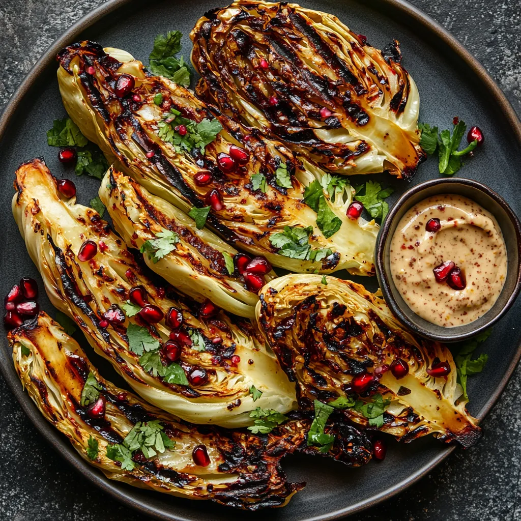 Imagine a platter showcasing charred cabbage wedges, sprinkled with vibrant pomegranate seeds, fresh herbs, and a drizzle of creamy, smoky tahini BBQ sauce. The smoky undertones of the dish contrast with the vibrant garnishing, making it visually appetizing.