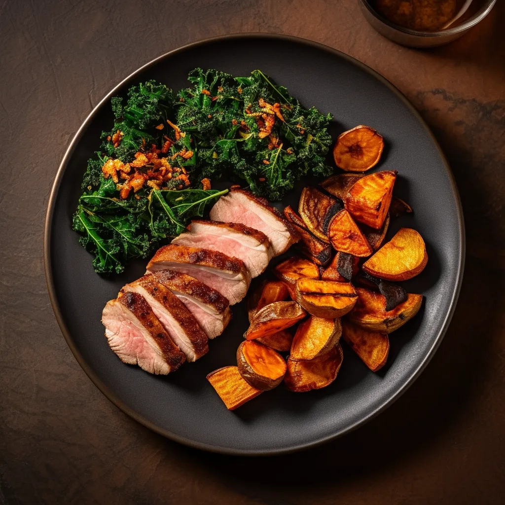 A plate with golden roasted sweet potatoes, charred kale, and juicy slices of spiced pork on top.