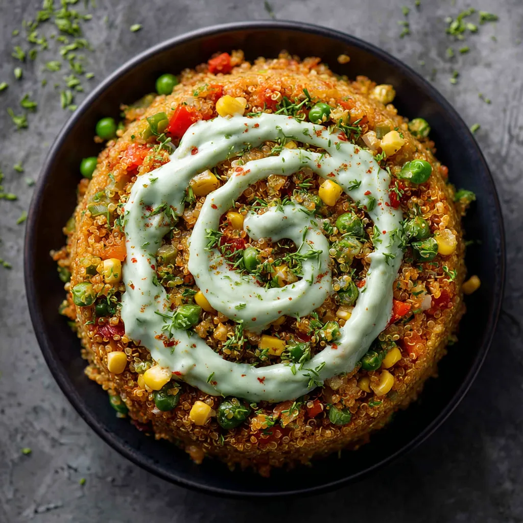 A vibrant harmony of colors greets you, from the scattered pops of yellow corn, green peas, and red bell peppers nestled in the fluffy bed of spiced quinoa. A generous swirl of light-green chive raita decorates the top like an edible garland. It's a picture-perfect example of a comforting, yet decidedly exotic brunch.