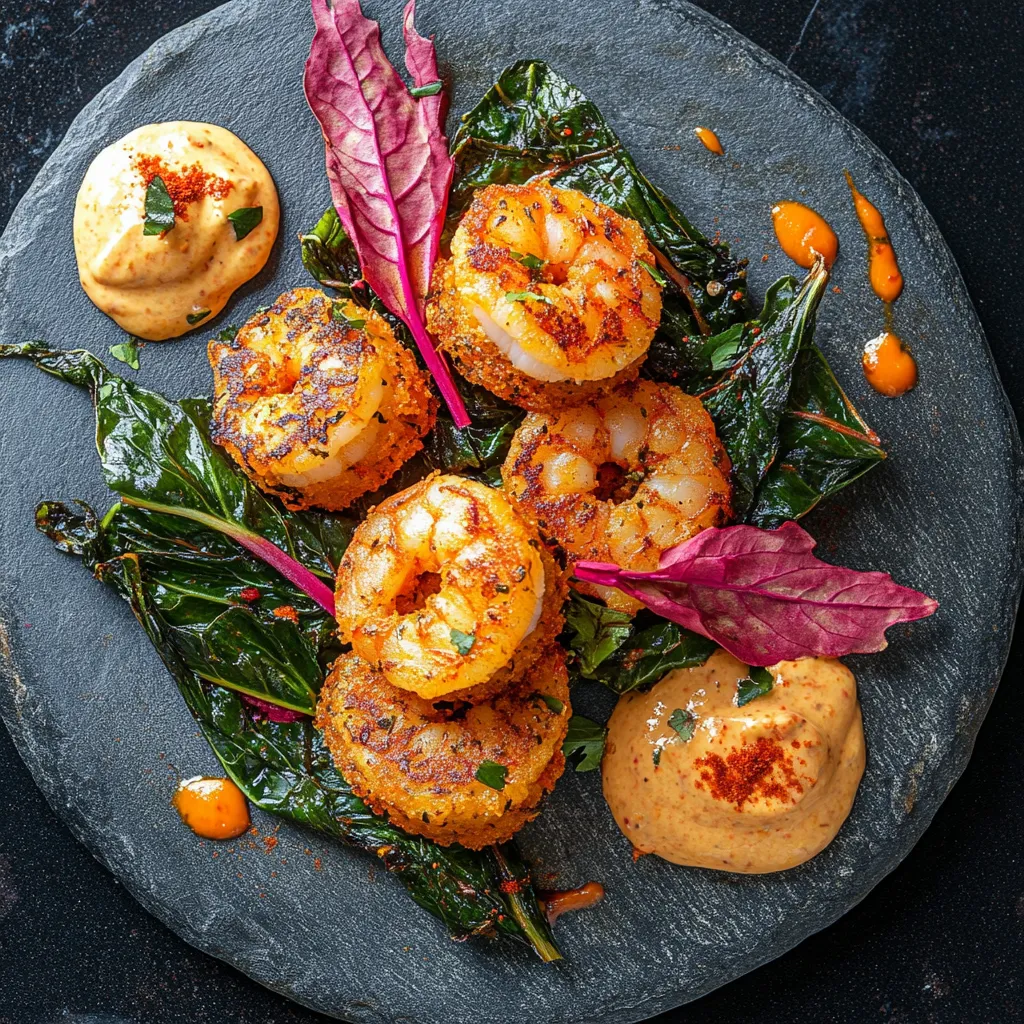 Ripe, pink-orange shrimp sit atop golden brown, contrasting chard-potato cakes dappled with flecks of chard. Garnishes of vibrant chard leaves and a dollop of warm-toned roasted pepper aioli catch the eye, all arranged on a rustic stone plate.