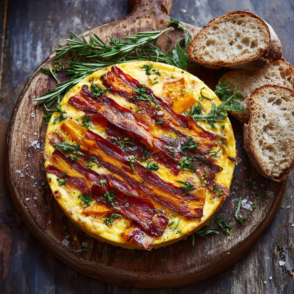 A creamy, golden-yellow frittata sprinkled with melted parmesan, sitting on a rustic wooden serving board. Long, paper-thin stripes of red and orange crispy squash skin 'bacon' are layered over the top, alongside sprigs of fresh green rosemary. The dish is served with slices of crusty sourdough bread and garnished with fresh garden greens.