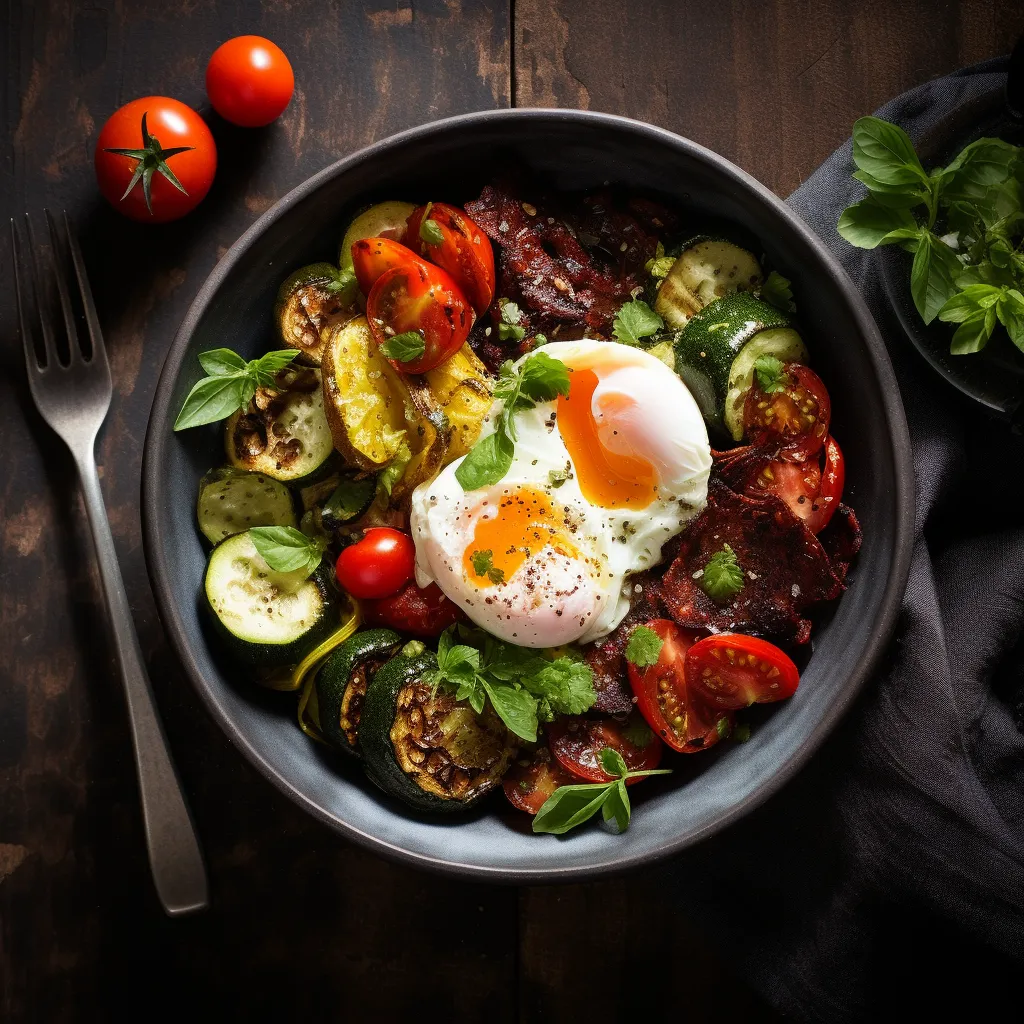A colorful bowl with roasted zucchini, cherry tomatoes, a soft-boiled egg, and creamy yogurt topped with flavorful spices and herbs.