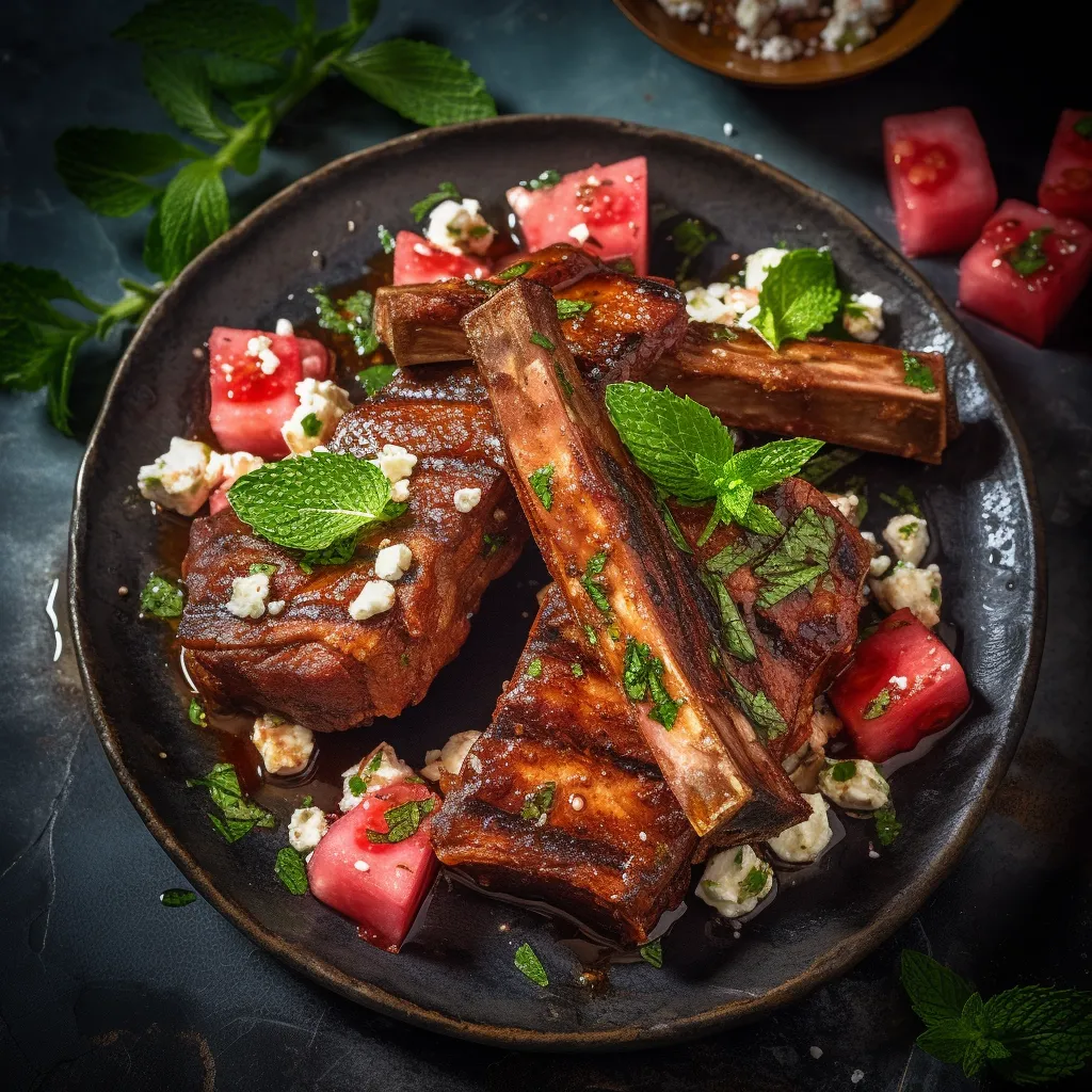 Home-grilled BBQ ribs arranged on a platter, slathered with a spicy and shiny glaze, topped with fresh chopped herbs. A side of chopped watermelon mixed with crumbled feta cheese and mint leaves.