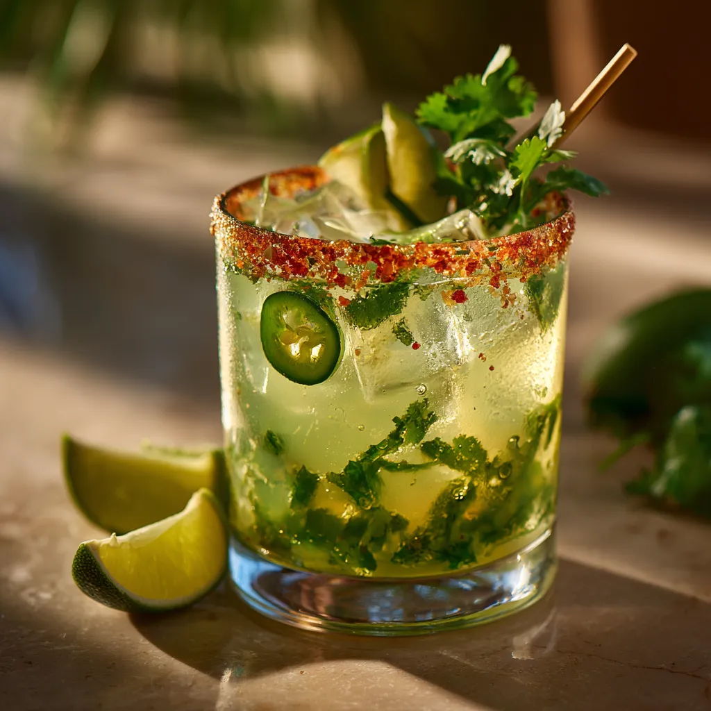 The cocktail presents a shimmering light green hue, dotted with slices of jalapeno and sprigs of cilantro floating on top. The glass rim is coated in smoked salt, adding a rust-colored contrast. Lime wedges and a bamboo straw perch on the rim, with a sunset light perfectly capturing the liquid's sparkle.