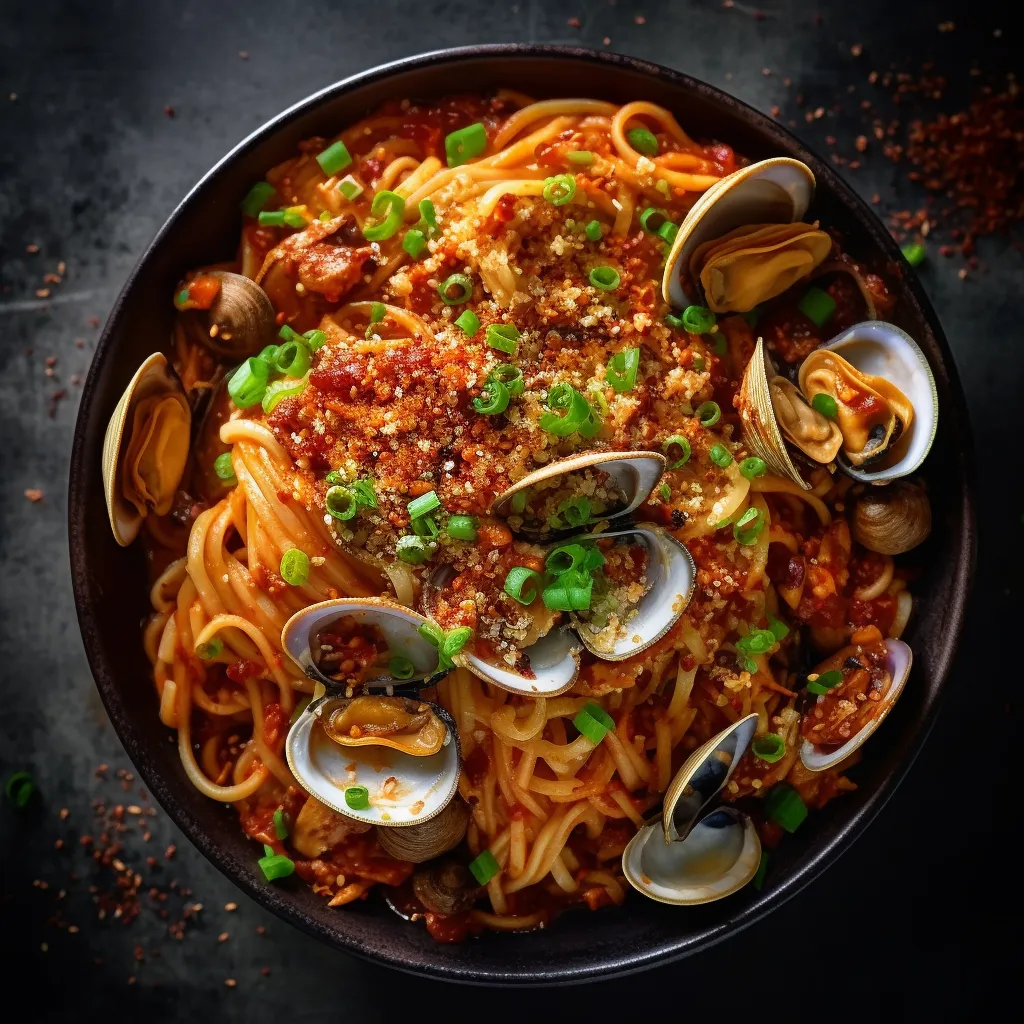 A large white plate with a mound of spaghetti coated in vibrant red gochujang sauce with steaming clams, sprinkled with chopped green onions, red pepper flakes, and grated parmesan cheese on top.