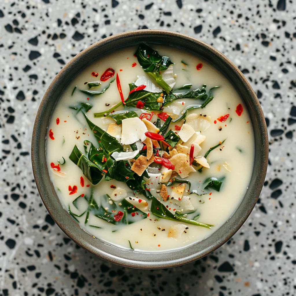 From above, you see a creamy coconut soup, dotted with vibrant green dandelion pieces, with a scattering of crimson chili slivers and snowy white coconut flakes. The bright colors contrast dramatically against the creamy background, making it a sight to behold.