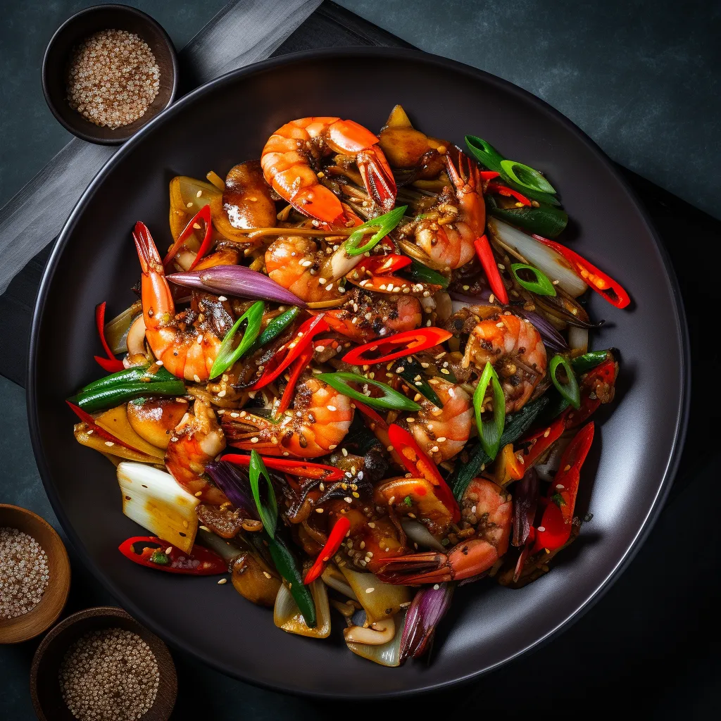 A colorful blend of stir-fried seafood, vibrant vegetables, and aromatic spices, topped with a sprinkling of toasted sesame seeds.