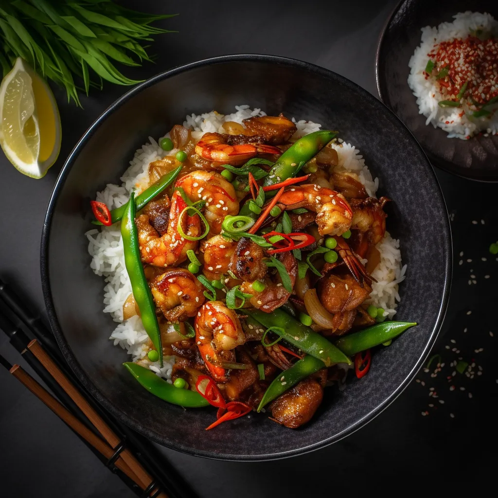 A colorful stir-fry with vibrant green snow peas and scallions, red chili flakes, and delicious pieces of seafood, served on a bed of rice.