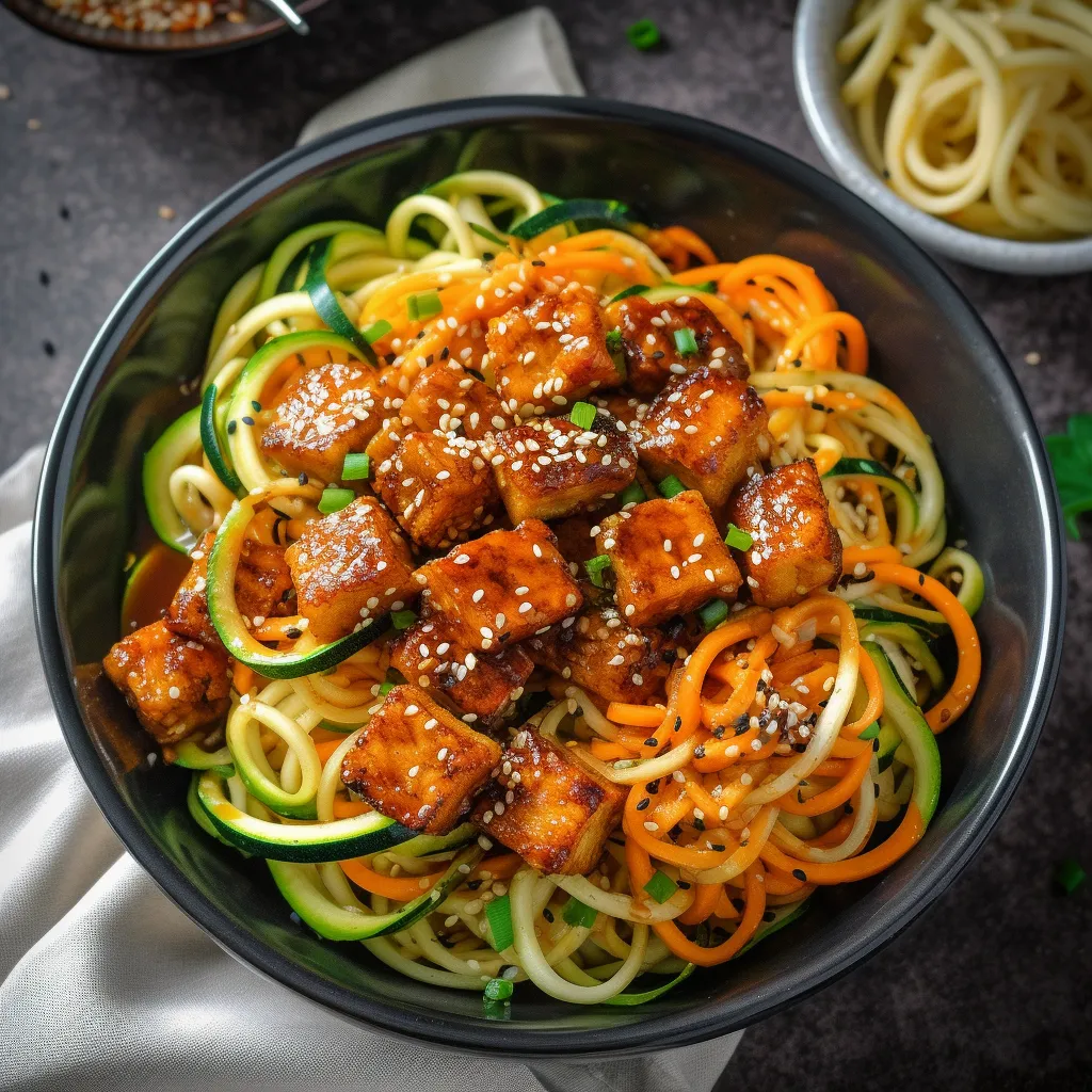 This dish is a beautiful tangle of spiralized zucchini noodles, glazed in a sticky, spicy and sweet sauce. Topped with crispy tofu, carrots, cucumber and sesame seeds.
