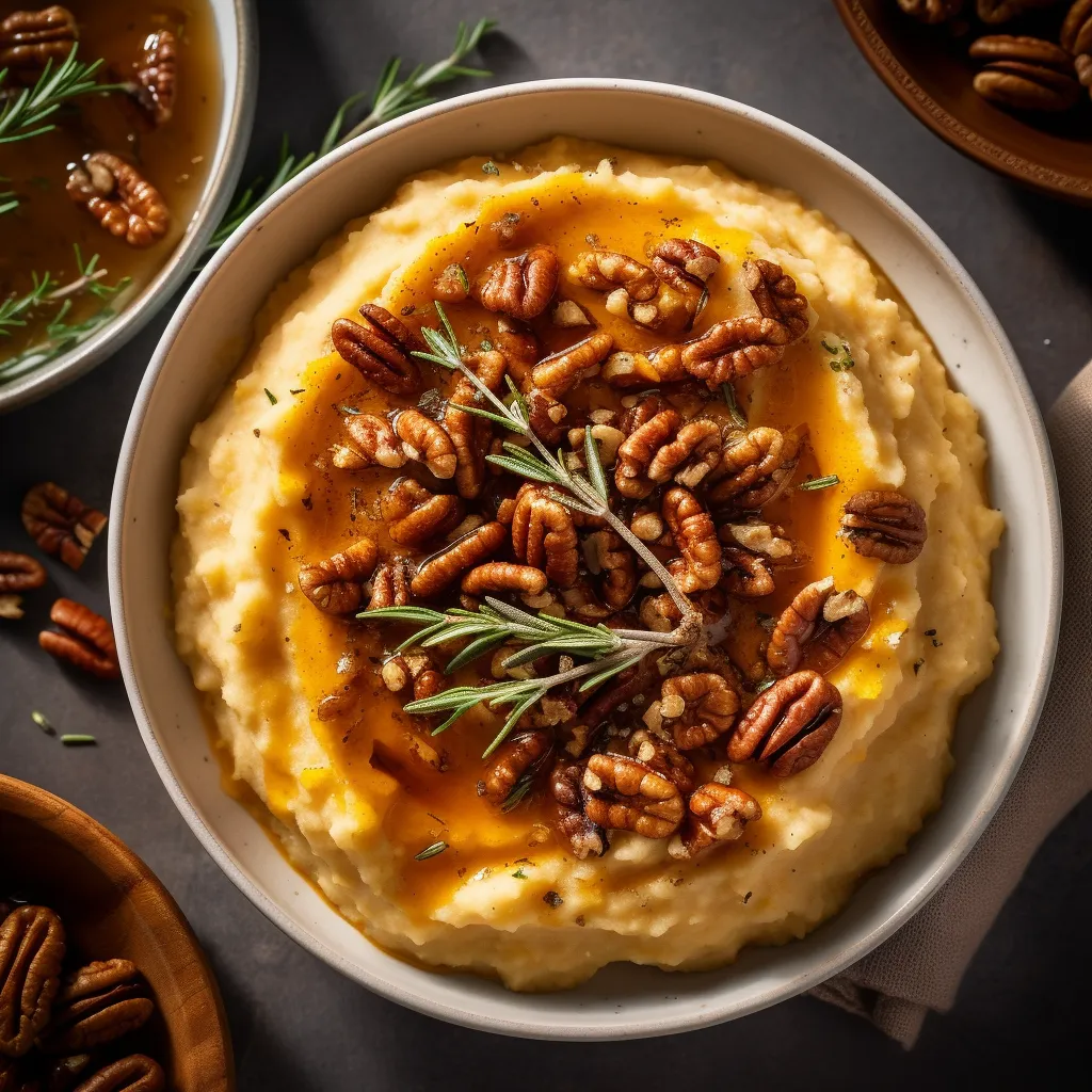 A creamy bed of sweet potato mash topped with crunchy pecans.