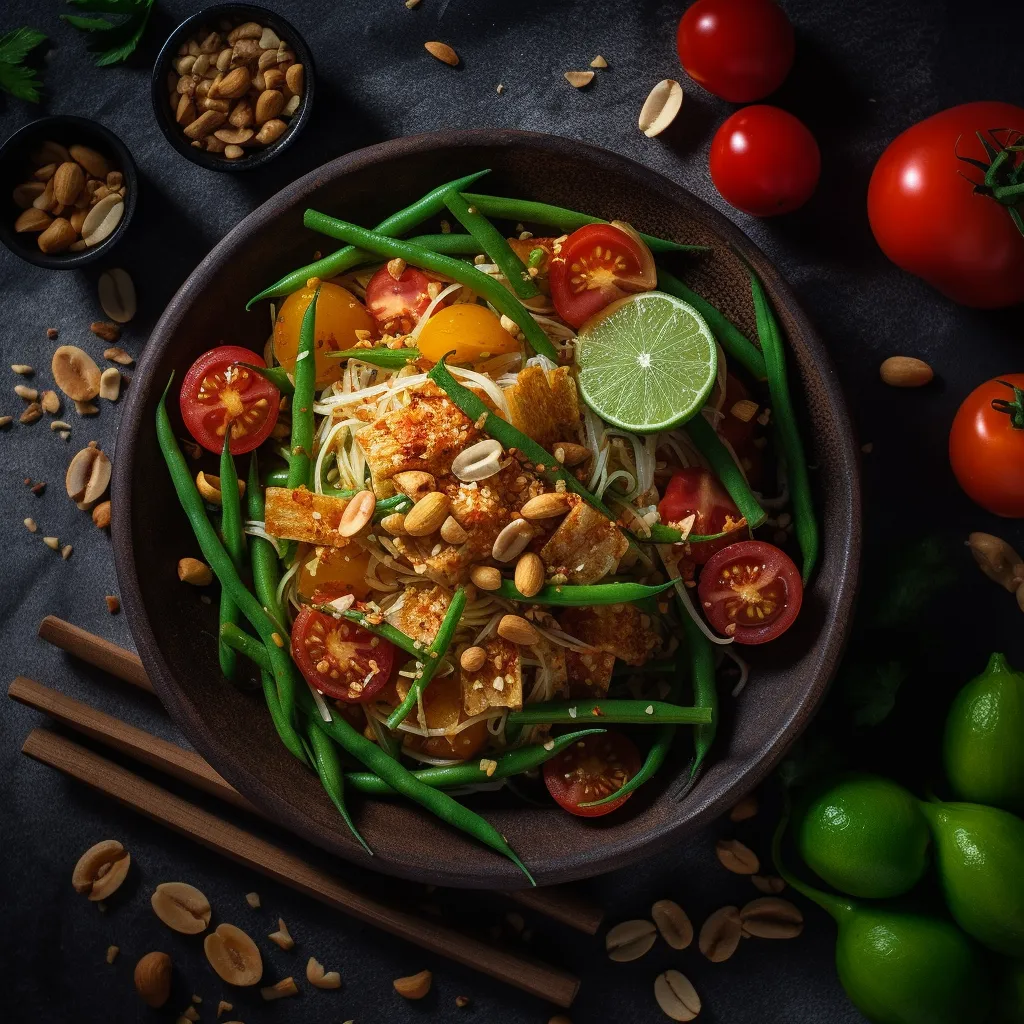 A colorful and vibrant mix of shredded papaya, cherry tomatoes, green beans, and chopped peanuts, all tossed in a tangy and spicy dressing.