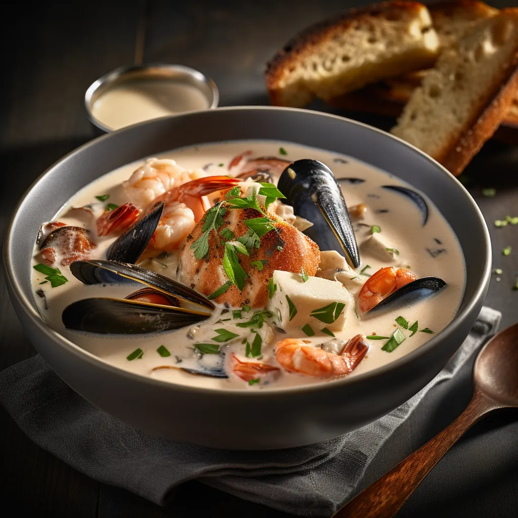 A thick, creamy soup with chunks of fresh seafood and vegetables. Served hot with a slice of crusty bread on top.