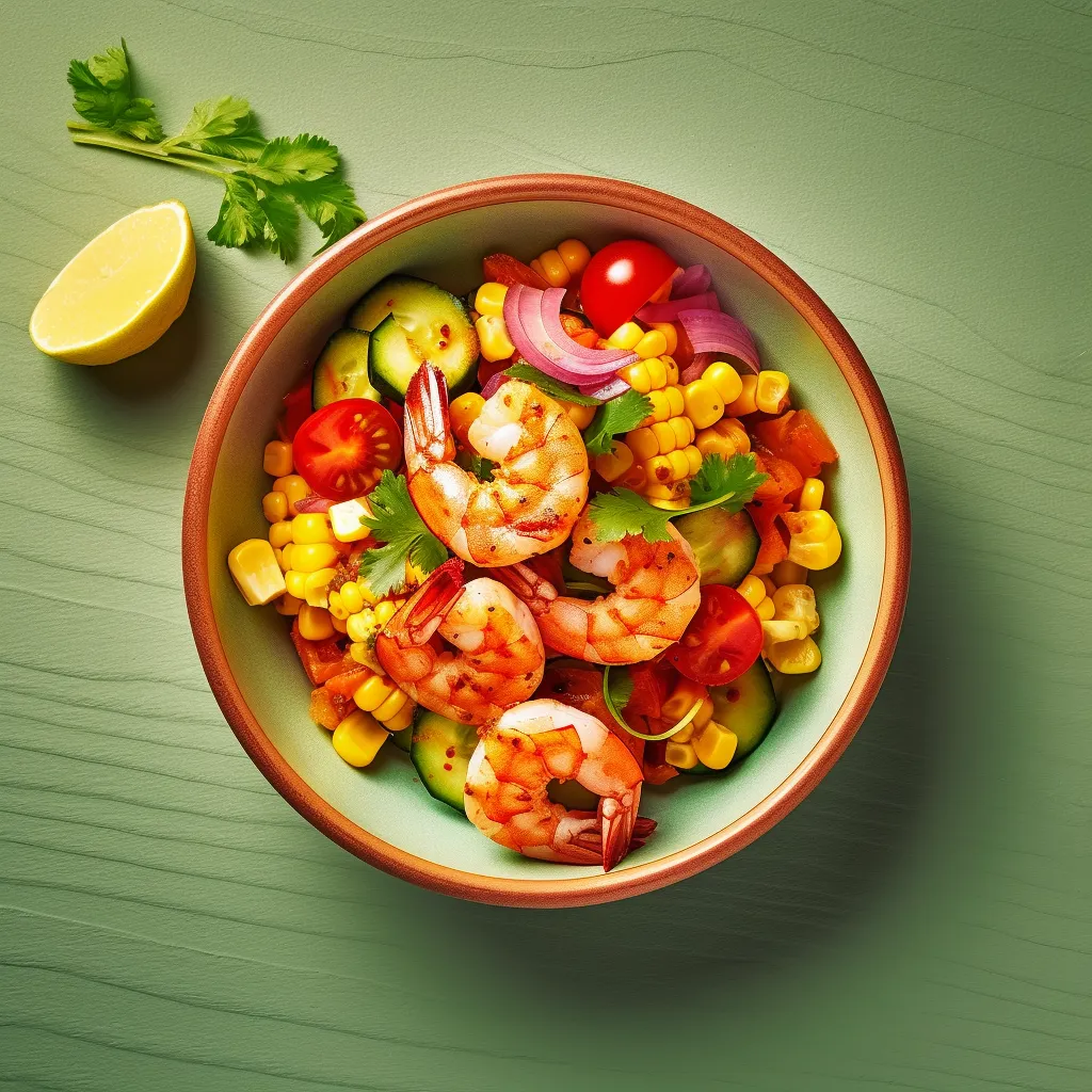 A colorful plate with orange, pink and green hues. The shrimp and corn are cooked in a spicy sauce and topped with a fresh tomato-mango-cucumber salsa.