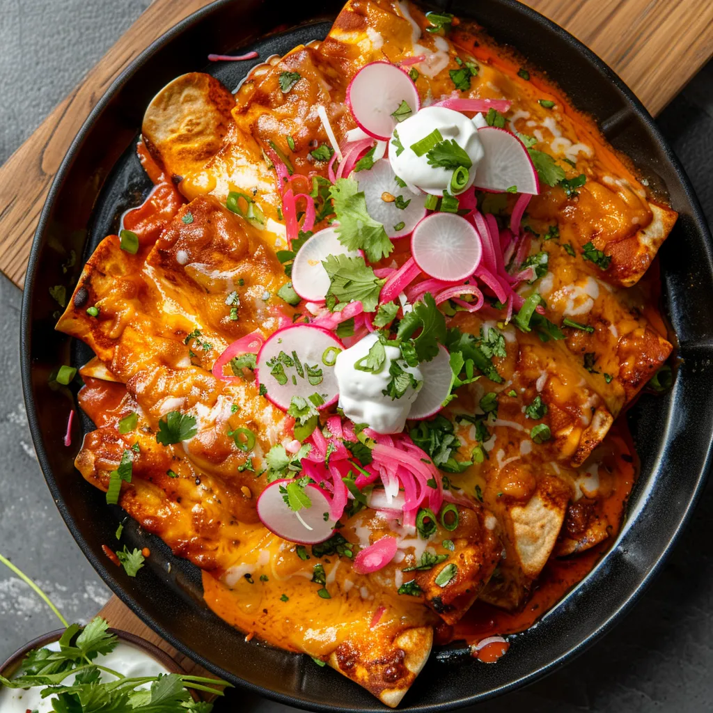 The dish offers a vibrant contrast of deep red strawberry-infused enchiladas, vibrant pinks from the pickled radish, bright greens from the cilantro, topped with melted cheese and a drizzle of creamy white sour cream.